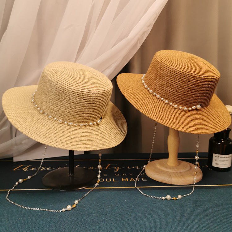 MOSiC | Day of the Dead  French Retro Pearl Chain Flat Straw Hat Elegant Top Hat Female Spring And Summer