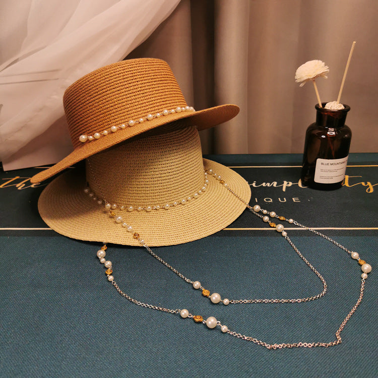 MOSiC | Day of the Dead  French Retro Pearl Chain Flat Straw Hat Elegant Top Hat Female Spring And Summer