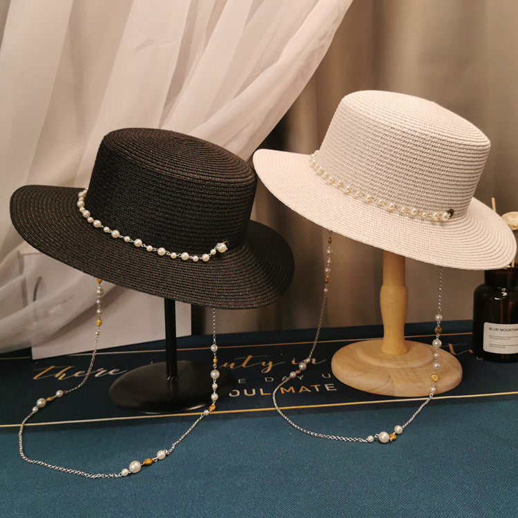 MOSiC | Day of the Dead  French Retro Pearl Chain Flat Straw Hat Elegant Top Hat Female Spring And Summer