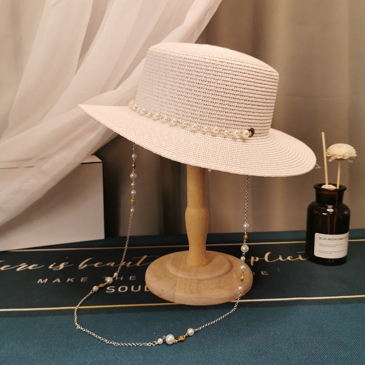MOSiC | Day of the Dead  French Retro Pearl Chain Flat Straw Hat Elegant Top Hat Female Spring And Summer