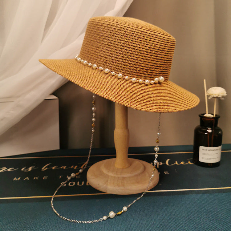 MOSiC | Day of the Dead  French Retro Pearl Chain Flat Straw Hat Elegant Top Hat Female Spring And Summer