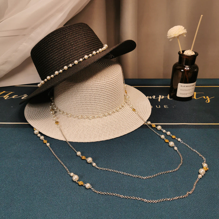 MOSiC | Day of the Dead  French Retro Pearl Chain Flat Straw Hat Elegant Top Hat Female Spring And Summer