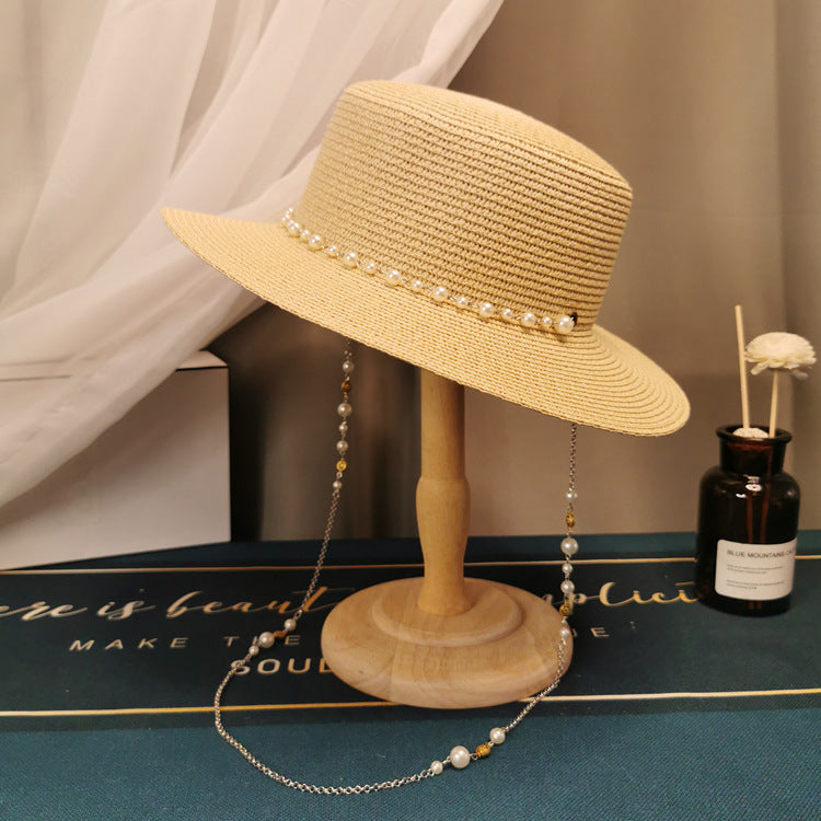 MOSiC | Day of the Dead  French Retro Pearl Chain Flat Straw Hat Elegant Top Hat Female Spring And Summer