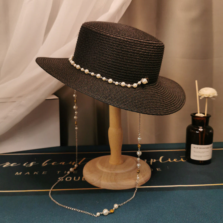 MOSiC | Day of the Dead  French Retro Pearl Chain Flat Straw Hat Elegant Top Hat Female Spring And Summer