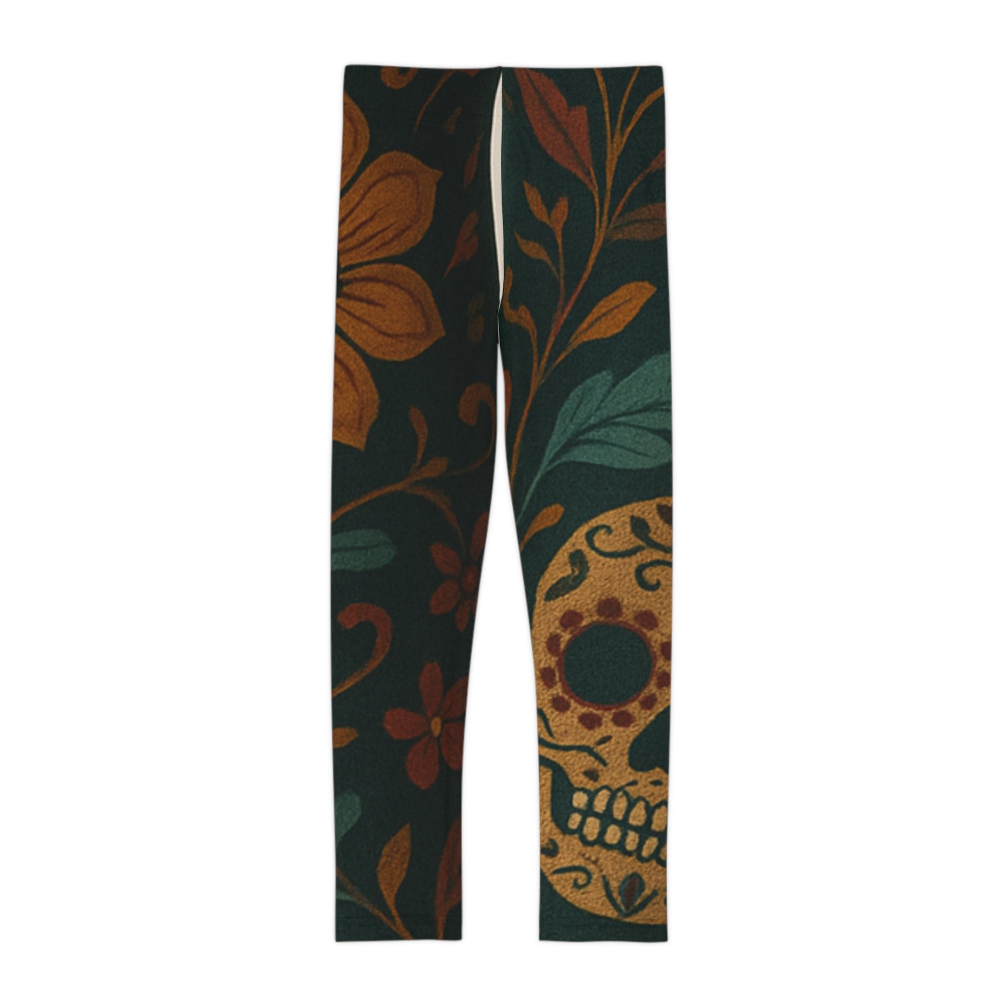 MOSIQ | Day of the Dead Kids Skull Floral Leggings, Fun AOP Tights for Girls, Day of the Dead Apparel, Colorful Gym Wear, Halloween Kids Clothing