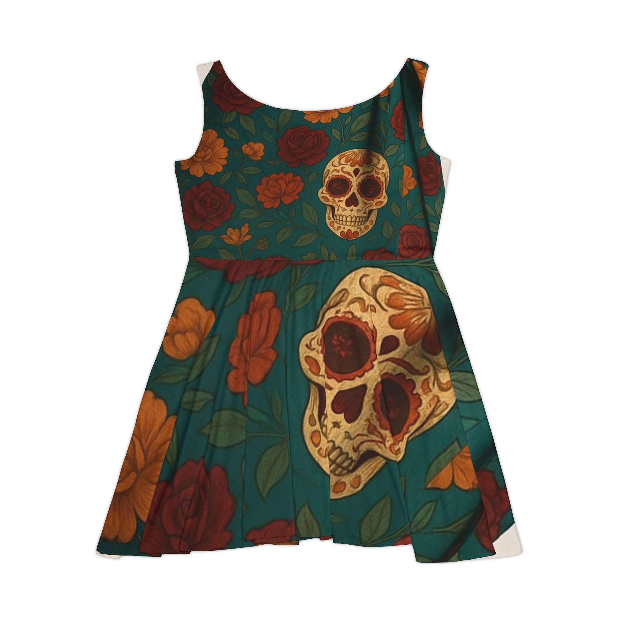 MOSIQ | Day of the Dead Skull Floral Women's Skater Dress, Casual Summer Dress, Boho Style Dress, Festival Outfit, Halloween Dress, AOP Fashion