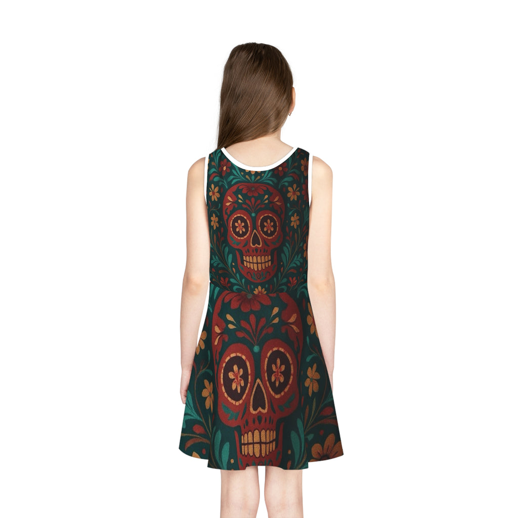 MOSIQ | Day of the Deadd Girls' Sundress, Colorful Skull Dress, Festival Dress, Summer Party Dress, Boho Chic Dress, Perfect for Halloween