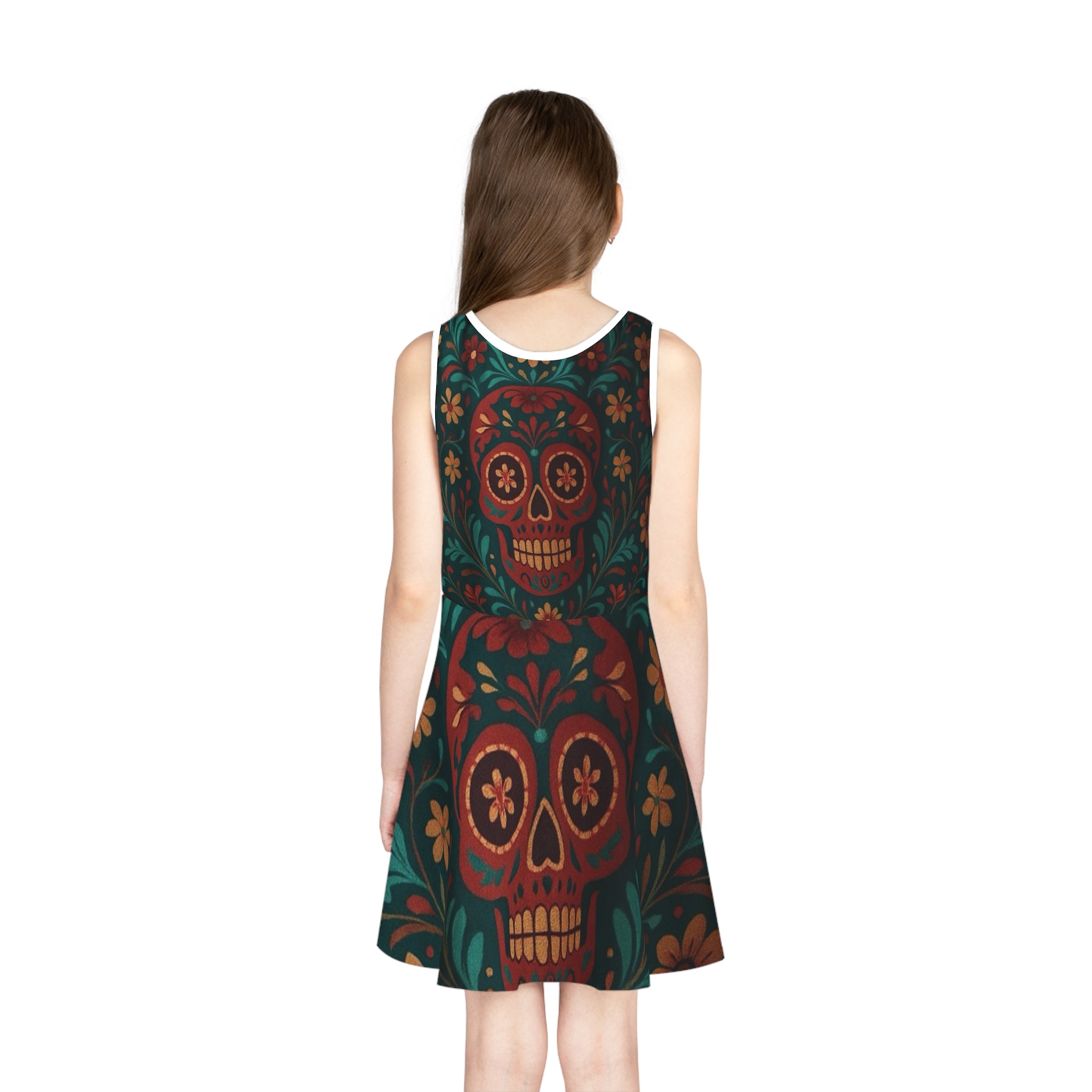 MOSIQ | Day of the Deadd Girls' Sundress, Colorful Skull Dress, Festival Dress, Summer Party Dress, Boho Chic Dress, Perfect for Halloween