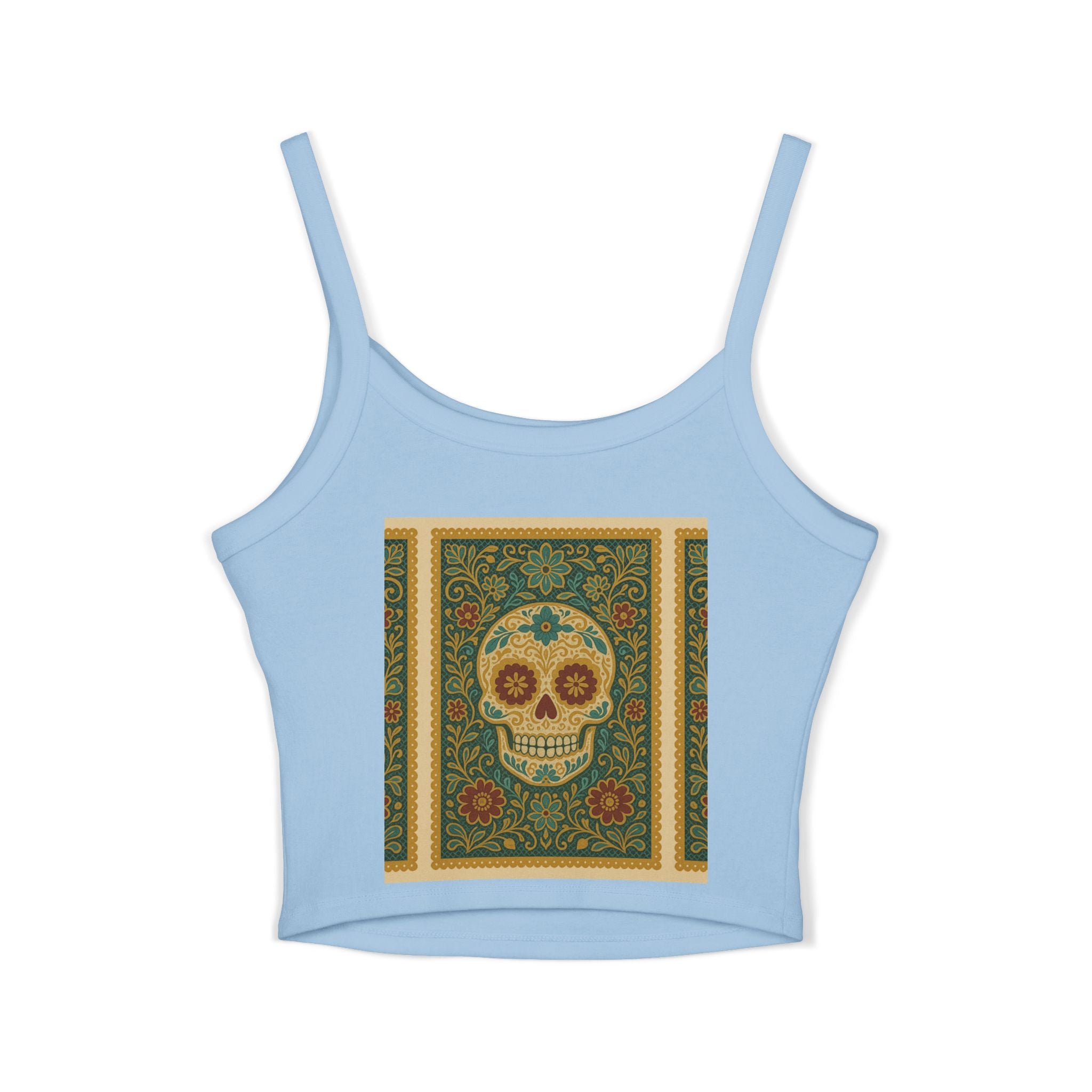 MOSiQ Day of the Dead Skull Tank Top, Women's Spaghetti Strap Top for Festivals, Summer Vibes, Day of the Dead, Casual Wear, Unique Graphic Tee