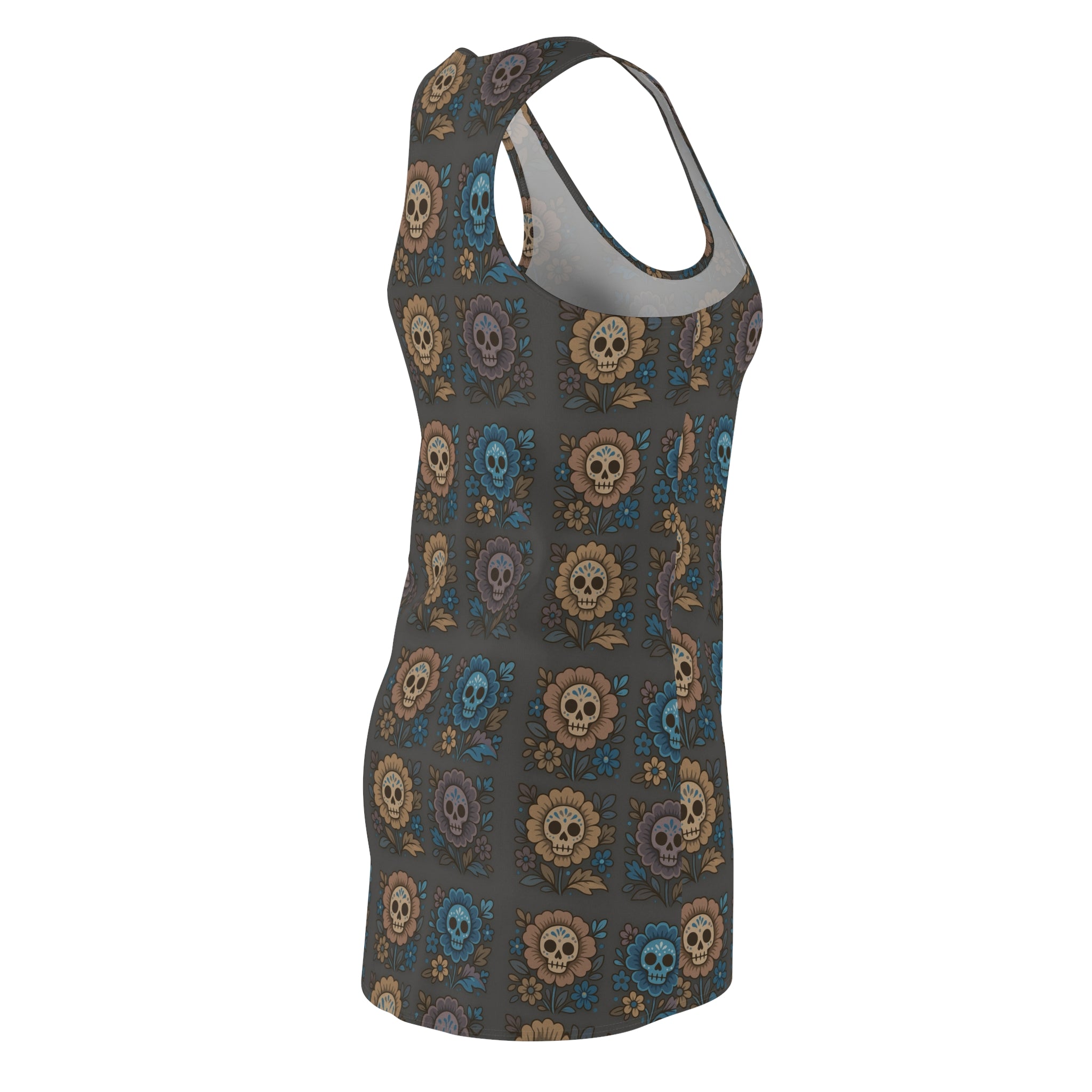 MOSIQ | Day of the Dead Floral Racerback Dress, Unique Summer Dress, Festival Fashion, Casual Wear, Beach Outfit, Gothic Clothing
