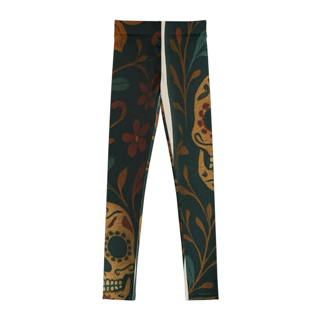 MOSIQ | Day of the Dead Youth Leggings with Floral Skull Design, Trendy Activewear for Kids, Perfect for Halloween, Dance Class, Casual Wear, Unique Gift