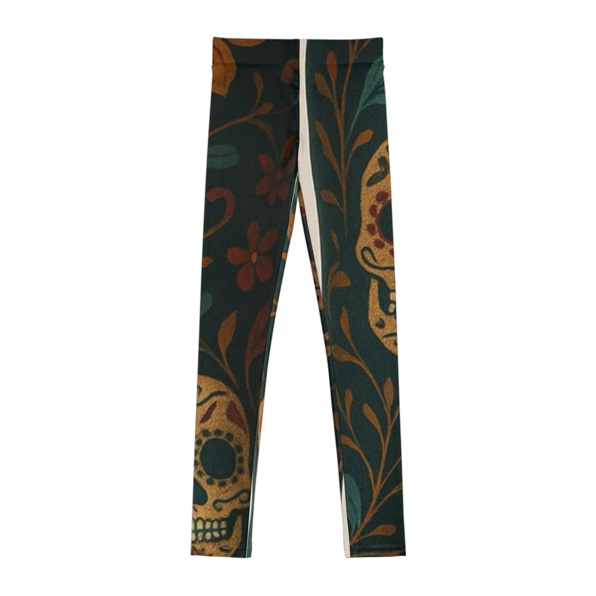 MOSIQ | Day of the Dead Youth Leggings with Floral Skull Design, Trendy Activewear for Kids, Perfect for Halloween, Dance Class, Casual Wear, Unique Gift