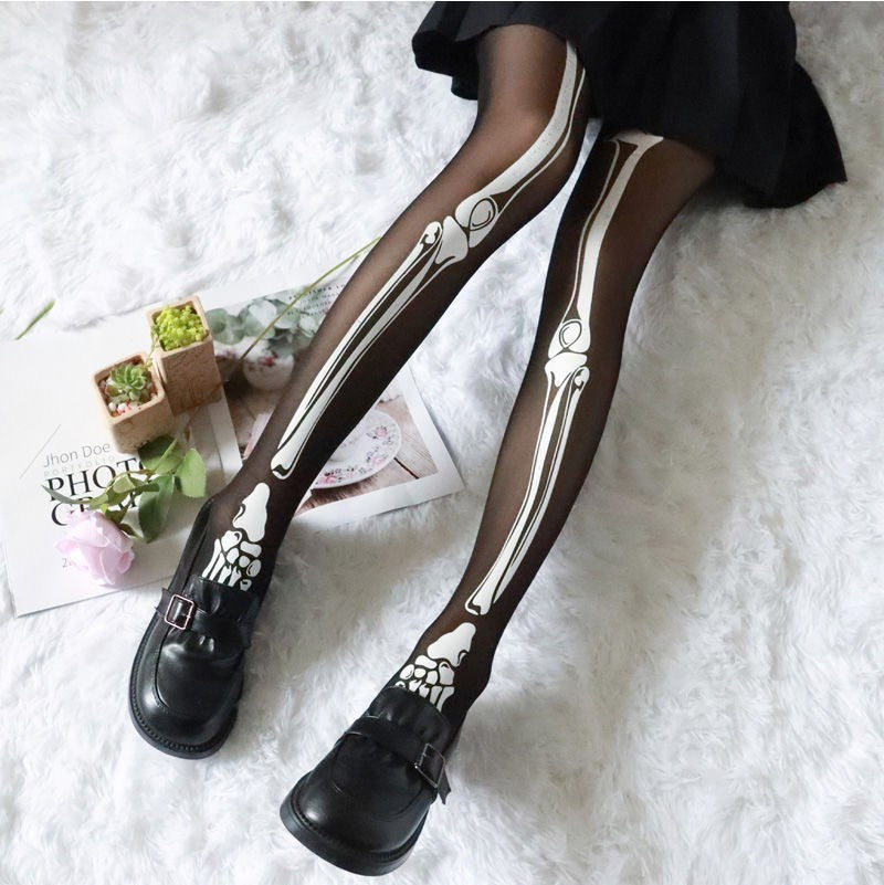 MOSiQ | Day of the Dead Halloween Black Bone Skeleton Pantyhose