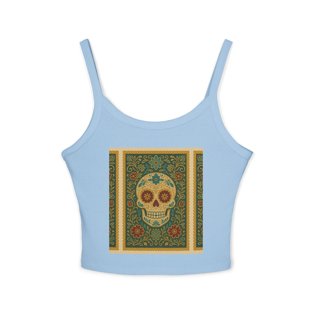 MOSiQ Day of the Dead Skull Tank Top, Women's Spaghetti Strap Top for Festivals, Summer Vibes, Day of the Dead, Casual Wear, Unique Graphic Tee