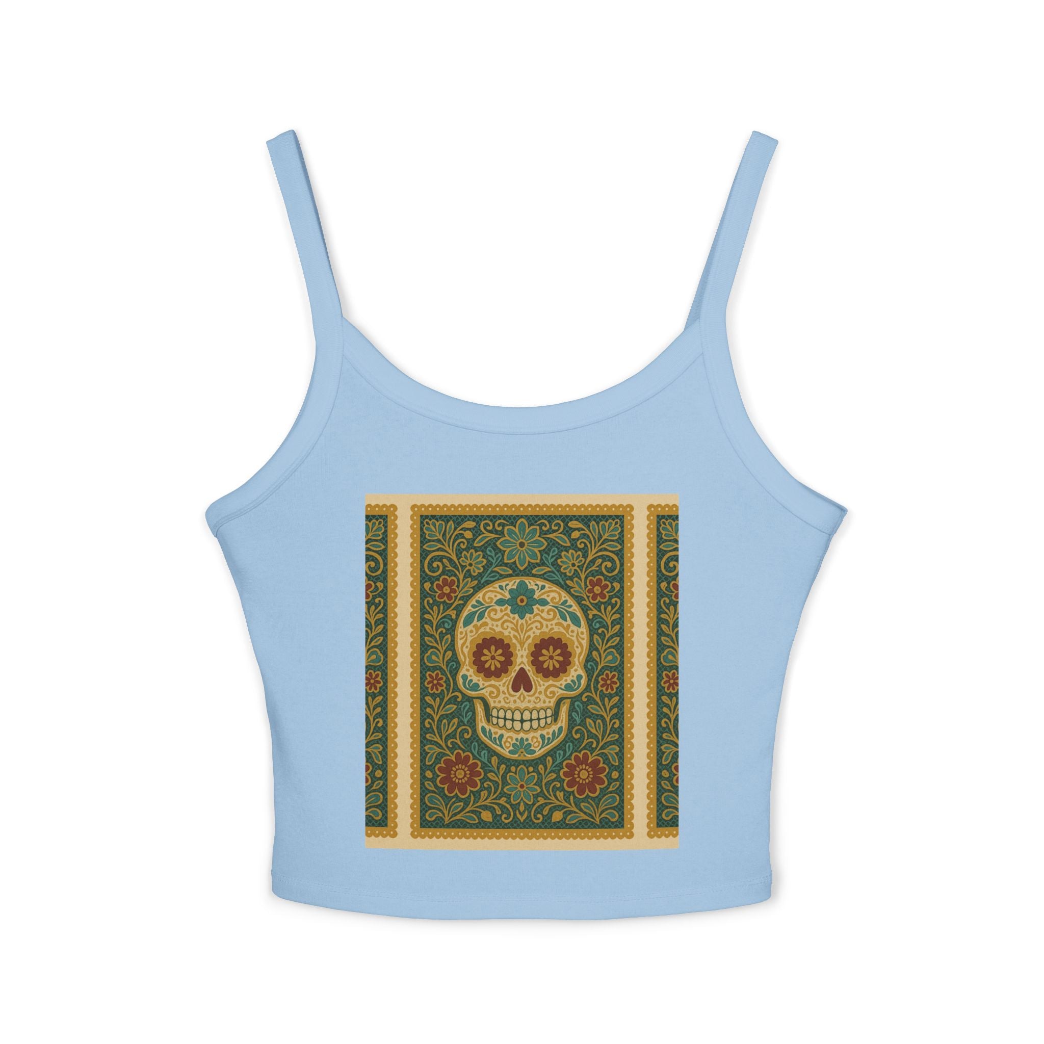 MOSiQ Day of the Dead Skull Tank Top, Women's Spaghetti Strap Top for Festivals, Summer Vibes, Day of the Dead, Casual Wear, Unique Graphic Tee