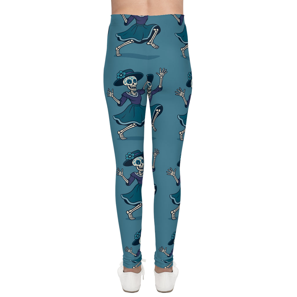 MOSIQ Day of the Dead Skeleton Youth Leggings, Cute Halloween Pants for Kids, Fun AOP Activewear, Gift for Spooky Season, Stylish Dance Wear