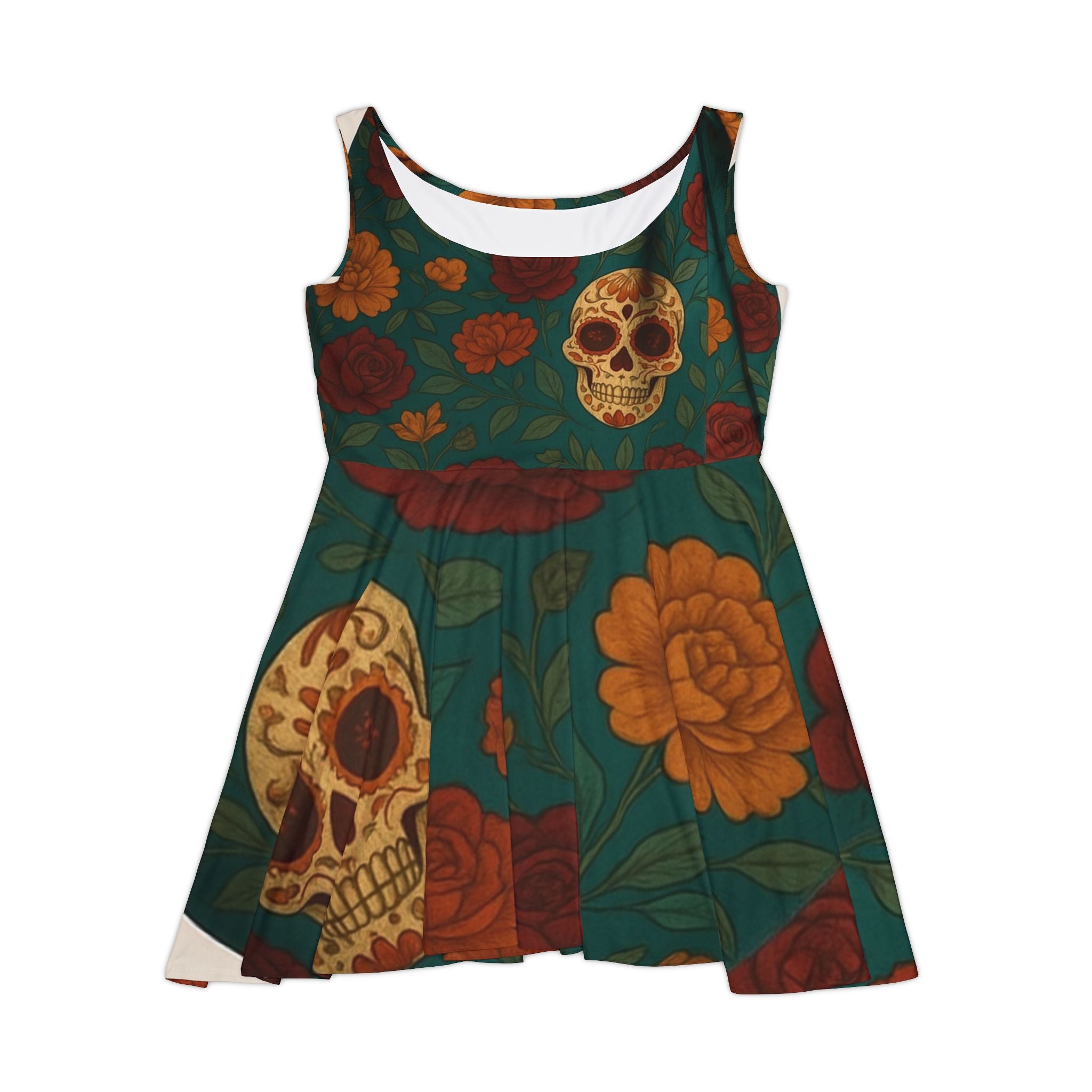 MOSIQ | Day of the Dead Skull Floral Women's Skater Dress, Casual Summer Dress, Boho Style Dress, Festival Outfit, Halloween Dress, AOP Fashion