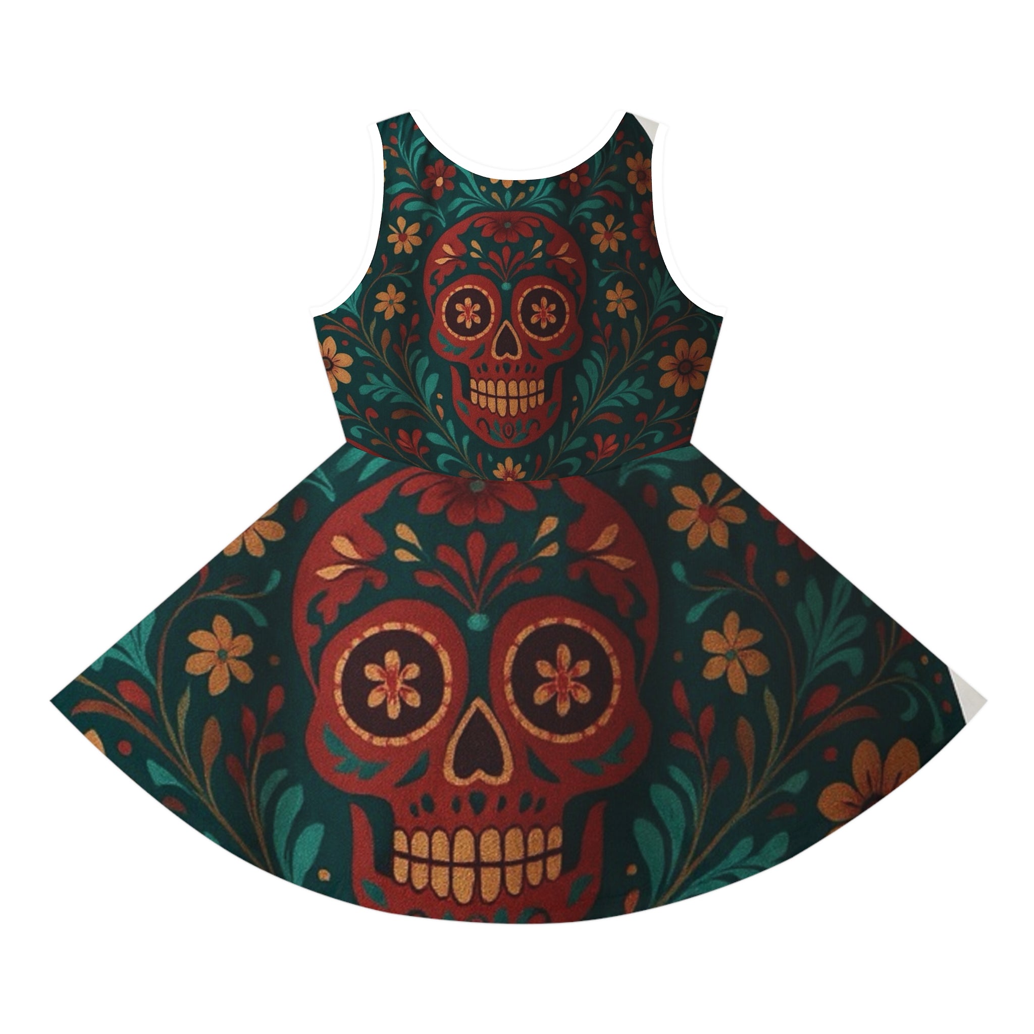 MOSIQ | Day of the Deadd Girls' Sundress, Colorful Skull Dress, Festival Dress, Summer Party Dress, Boho Chic Dress, Perfect for Halloween