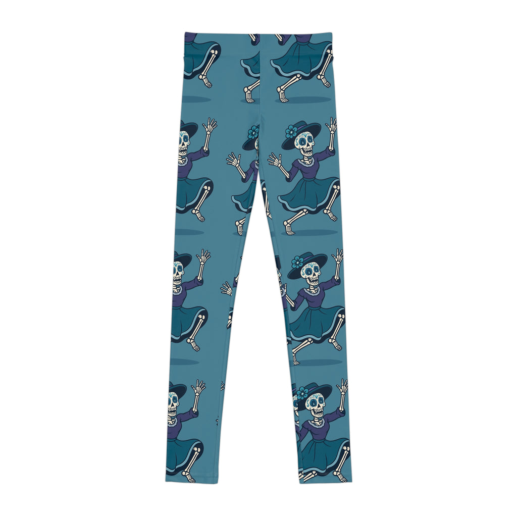 MOSIQ Day of the Dead Skeleton Youth Leggings, Cute Halloween Pants for Kids, Fun AOP Activewear, Gift for Spooky Season, Stylish Dance Wear