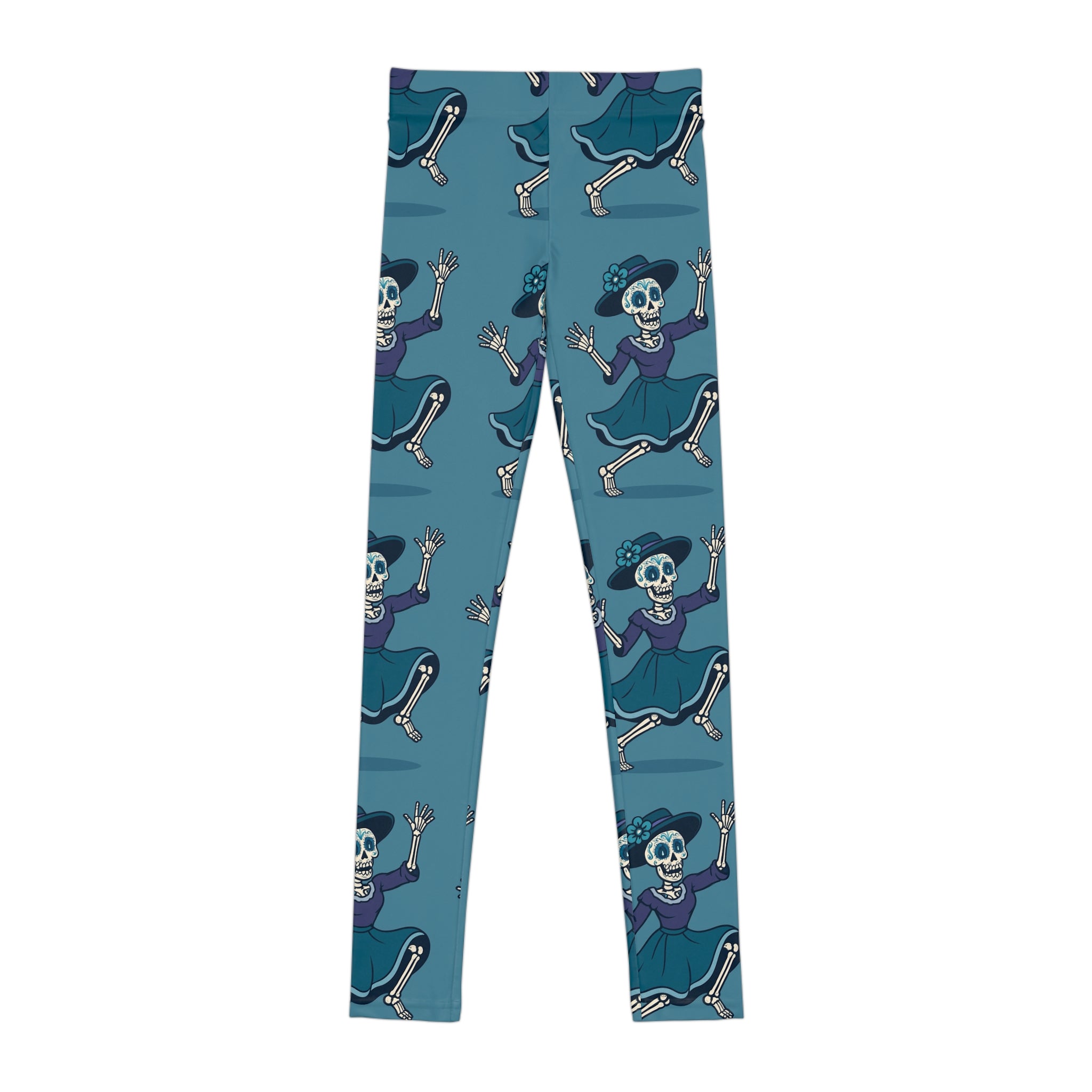 MOSIQ Day of the Dead Skeleton Youth Leggings, Cute Halloween Pants for Kids, Fun AOP Activewear, Gift for Spooky Season, Stylish Dance Wear