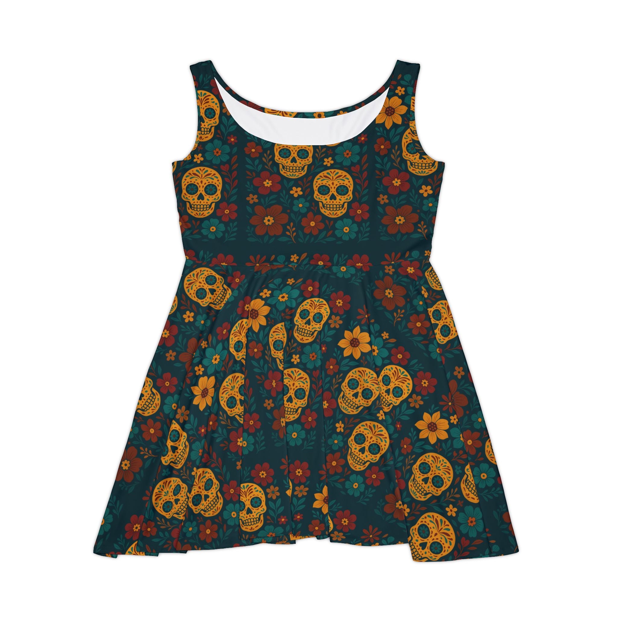 MOSiQ Day of the Dead Skater Dress - Floral Skull Print, Casual Fashion, Halloween Party Dress, Festival Outfit, Bohemian Style