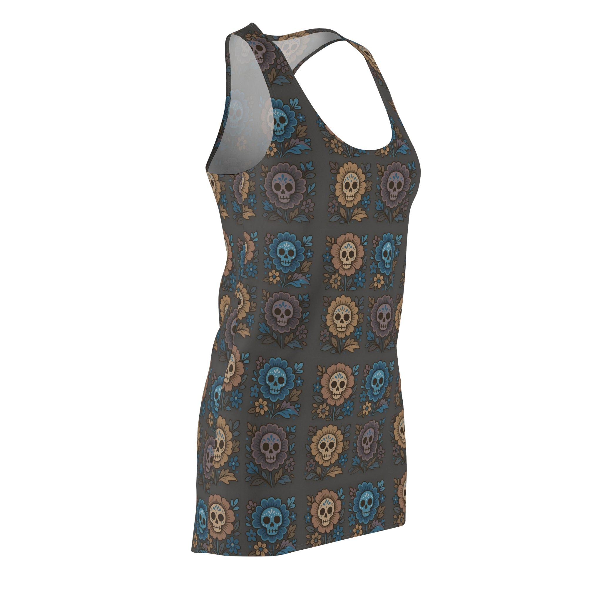MOSIQ | Day of the Dead Floral Racerback Dress, Unique Summer Dress, Festival Fashion, Casual Wear, Beach Outfit, Gothic Clothing