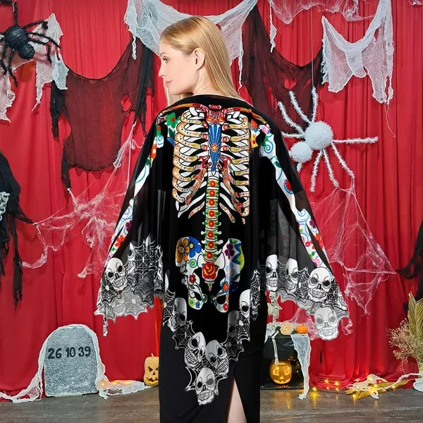 MOSiQ | Day of the Dead  Skeleton Poncho, Lace Skeleton Halloween Costume Poncho Day Of The Dead Poncho For Women