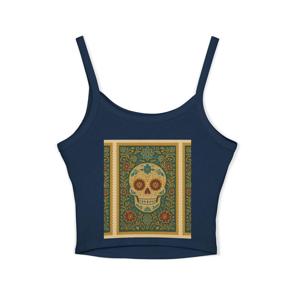 MOSiQ Day of the Dead Skull Tank Top, Women's Spaghetti Strap Top for Festivals, Summer Vibes, Day of the Dead, Casual Wear, Unique Graphic Tee