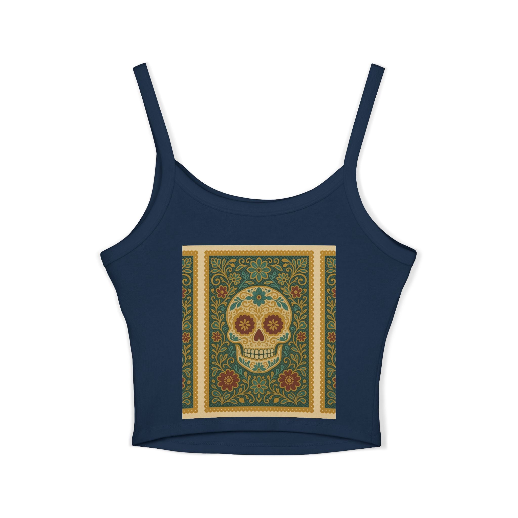 MOSiQ Day of the Dead Skull Tank Top, Women's Spaghetti Strap Top for Festivals, Summer Vibes, Day of the Dead, Casual Wear, Unique Graphic Tee