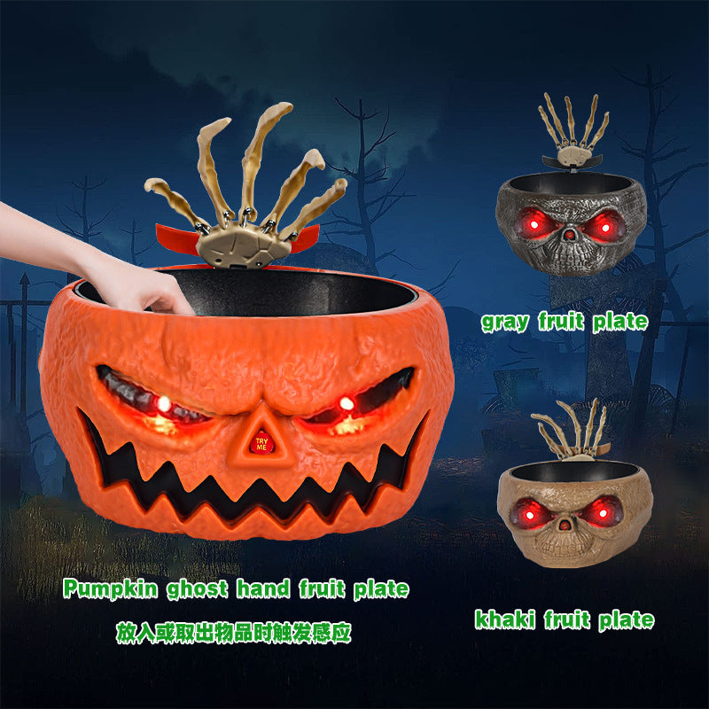 MOSiQ | Day of the Dead Halloween Candy Bowl Plastic Pumpkin Bowl With Motion Activated Hand, Halloween Serving Dishes Battery Operated Halloween Pumpkins Bowl For Trick-or-Treaters Party
