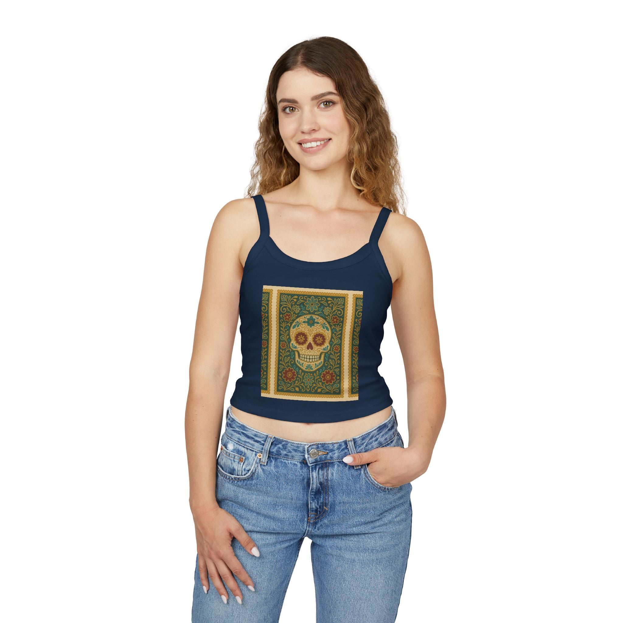 MOSiQ Day of the Dead Skull Tank Top, Women's Spaghetti Strap Top for Festivals, Summer Vibes, Day of the Dead, Casual Wear, Unique Graphic Tee