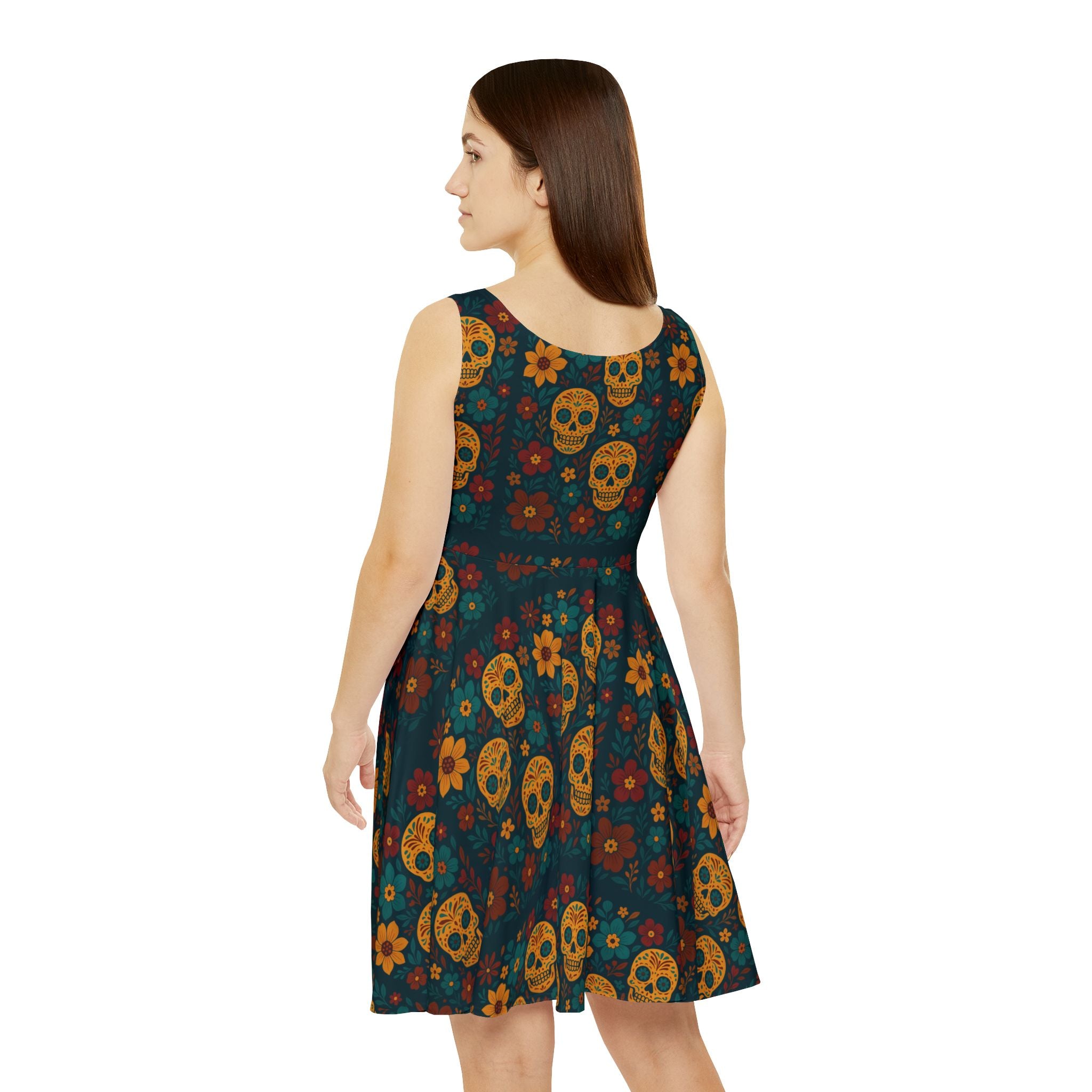 MOSiQ Day of the Dead Skater Dress - Floral Skull Print, Casual Fashion, Halloween Party Dress, Festival Outfit, Bohemian Style