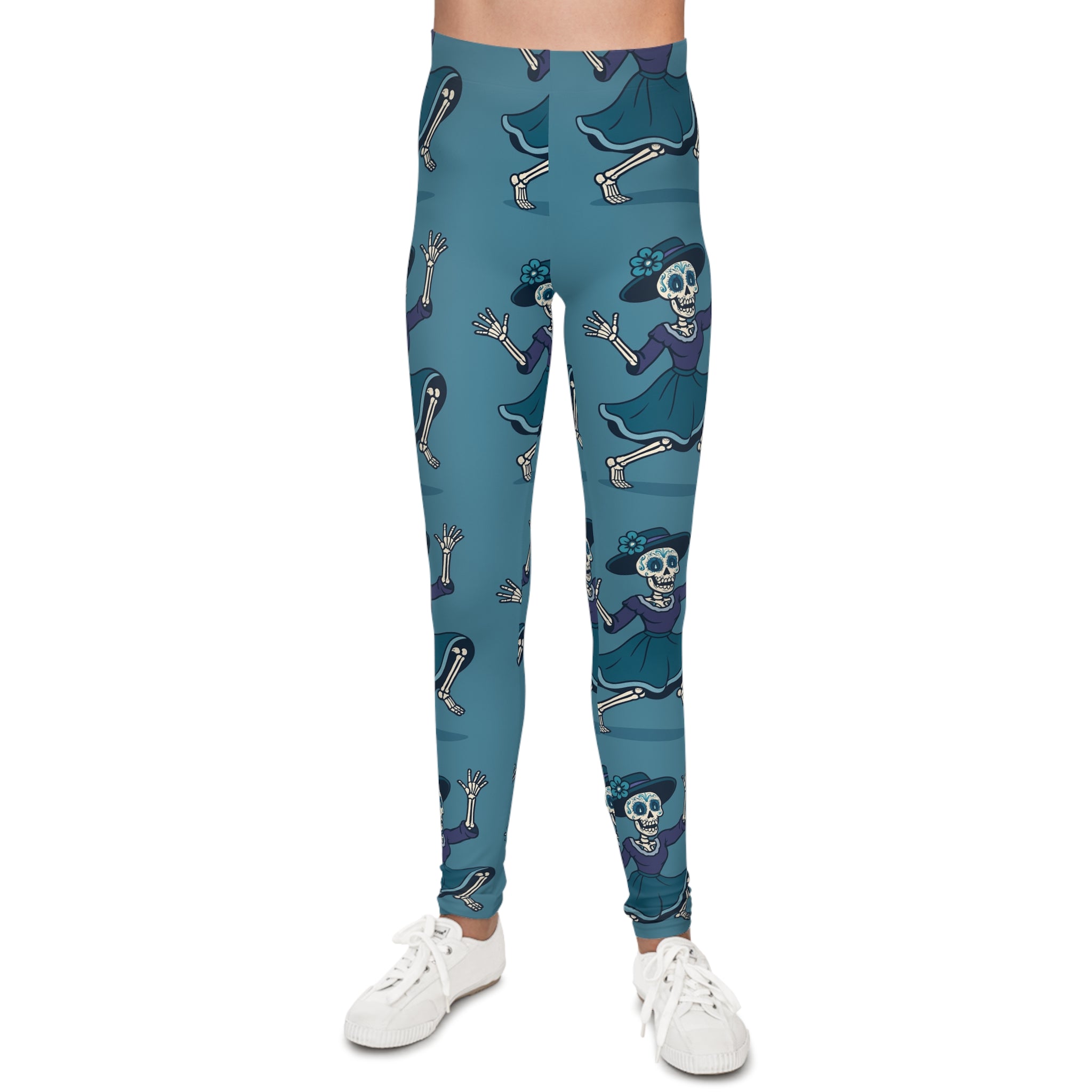 MOSIQ Day of the Dead Skeleton Youth Leggings, Cute Halloween Pants for Kids, Fun AOP Activewear, Gift for Spooky Season, Stylish Dance Wear