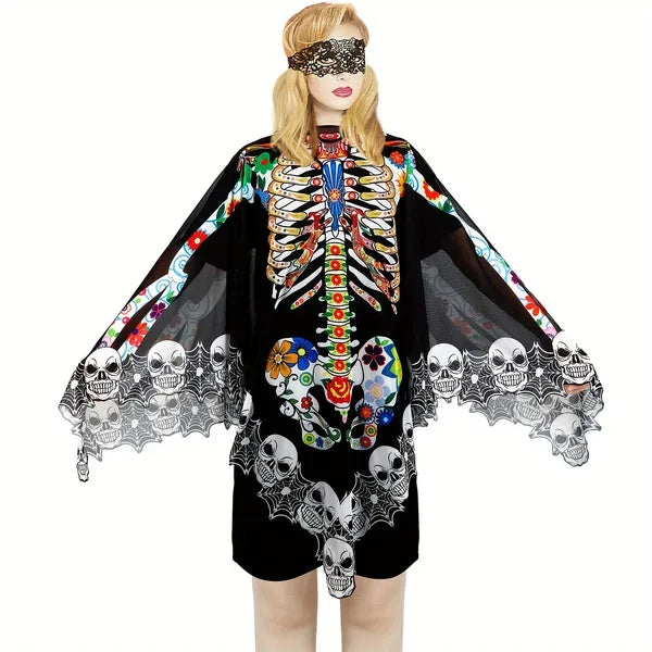 MOSiQ | Day of the Dead  Skeleton Poncho, Lace Skeleton Halloween Costume Poncho Day Of The Dead Poncho For Women