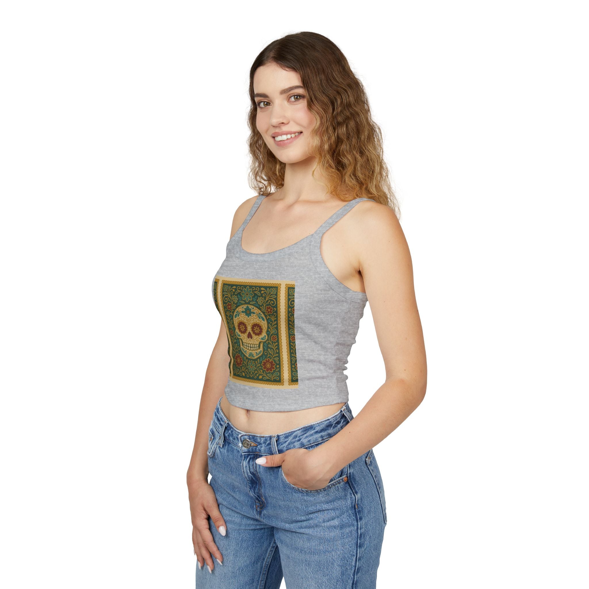 MOSiQ Day of the Dead Skull Tank Top, Women's Spaghetti Strap Top for Festivals, Summer Vibes, Day of the Dead, Casual Wear, Unique Graphic Tee
