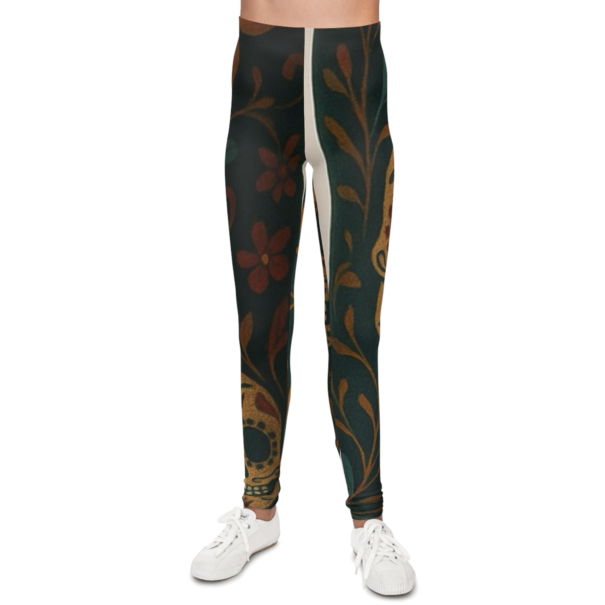 MOSIQ | Day of the Dead Youth Leggings with Floral Skull Design, Trendy Activewear for Kids, Perfect for Halloween, Dance Class, Casual Wear, Unique Gift