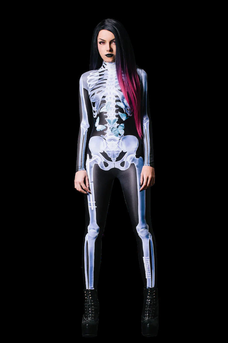 MOSiQ Day of the DeadHalloween Long Sleeve Tights See-through Skeleton 3D Printed One-piece