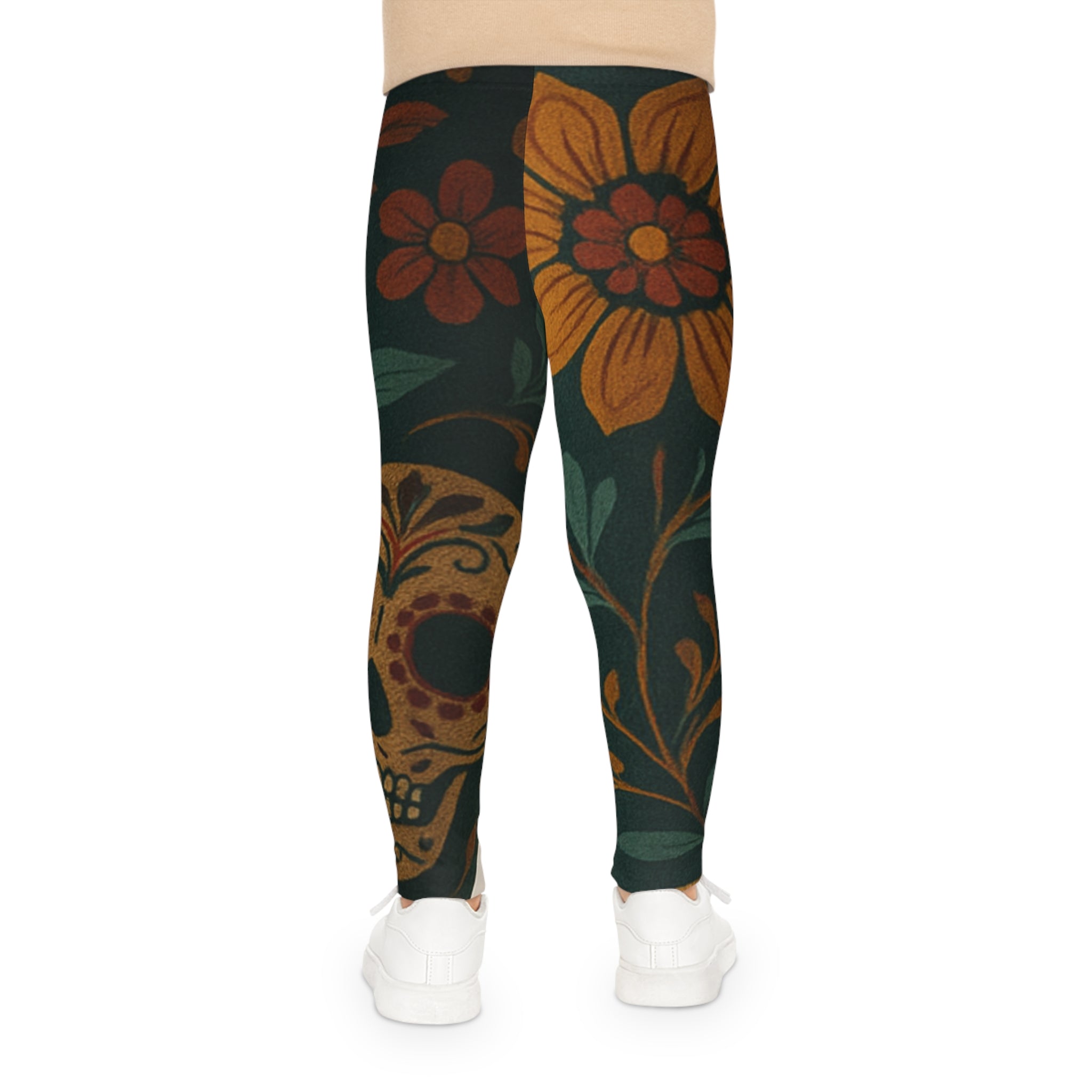 MOSIQ | Day of the Dead Kids Skull Floral Leggings, Fun AOP Tights for Girls, Day of the Dead Apparel, Colorful Gym Wear, Halloween Kids Clothing