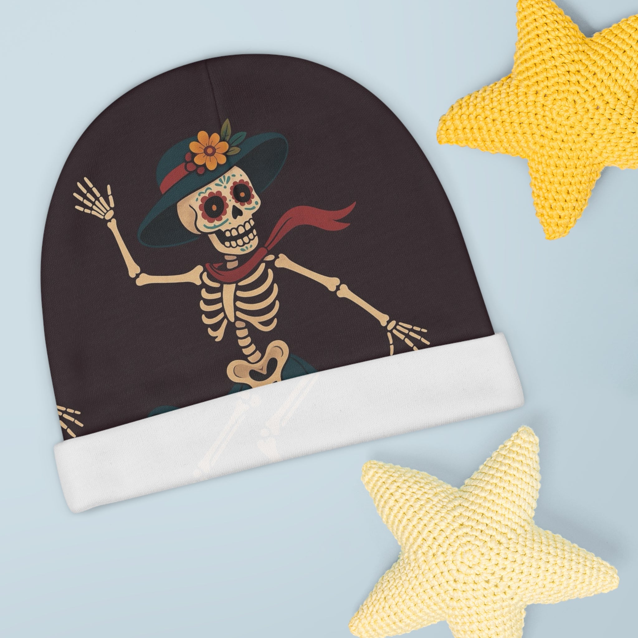 MOSIQ | Day of the Dead Cute Halloween Hat, AOP Baby Accessory, Spooky Gift for Newborns, Infants, Trendy Baby Apparel
