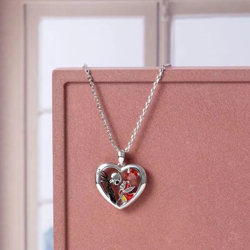 MOSiC | Day of the Dead Halloween Heart-shaped Skull Necklace With Rhinestones Couple Love Clavicle Necklace Men And Women Jewelry Accessories