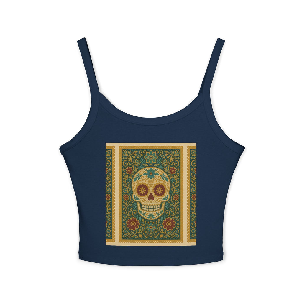 MOSiQ Day of the Dead Skull Tank Top, Women's Spaghetti Strap Top for Festivals, Summer Vibes, Day of the Dead, Casual Wear, Unique Graphic Tee