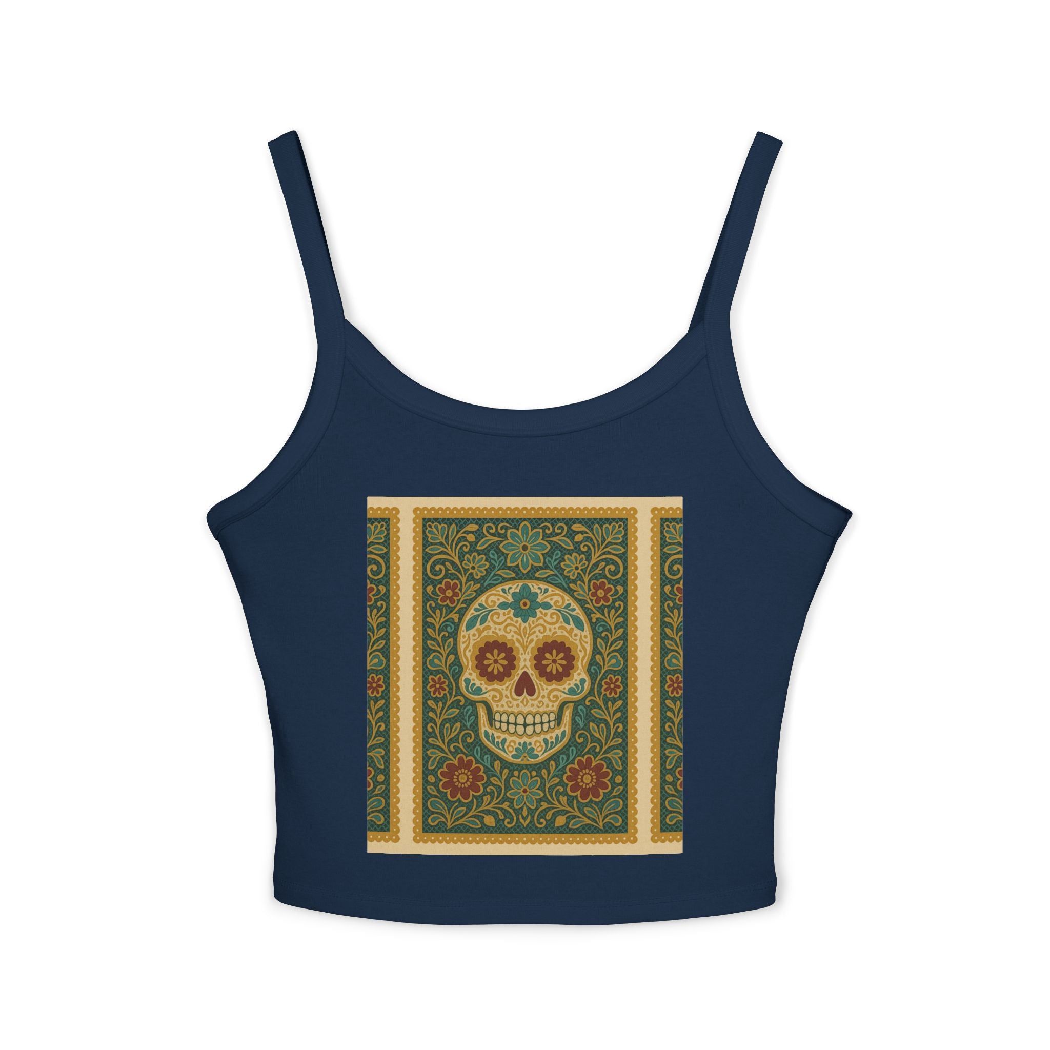 MOSiQ Day of the Dead Skull Tank Top, Women's Spaghetti Strap Top for Festivals, Summer Vibes, Day of the Dead, Casual Wear, Unique Graphic Tee