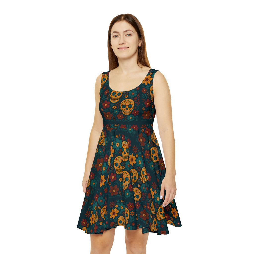 MOSiQ Day of the Dead Skater Dress - Floral Skull Print, Casual Fashion, Halloween Party Dress, Festival Outfit, Bohemian Style