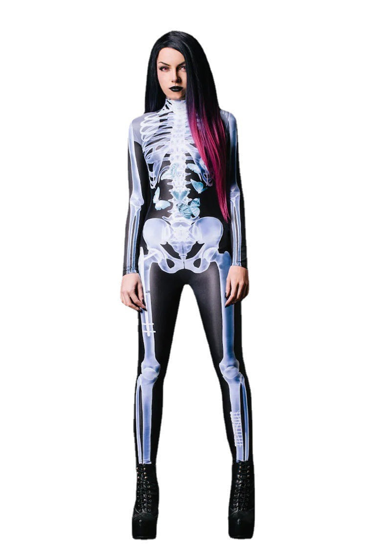 MOSiQ Day of the DeadHalloween Long Sleeve Tights See-through Skeleton 3D Printed One-piece