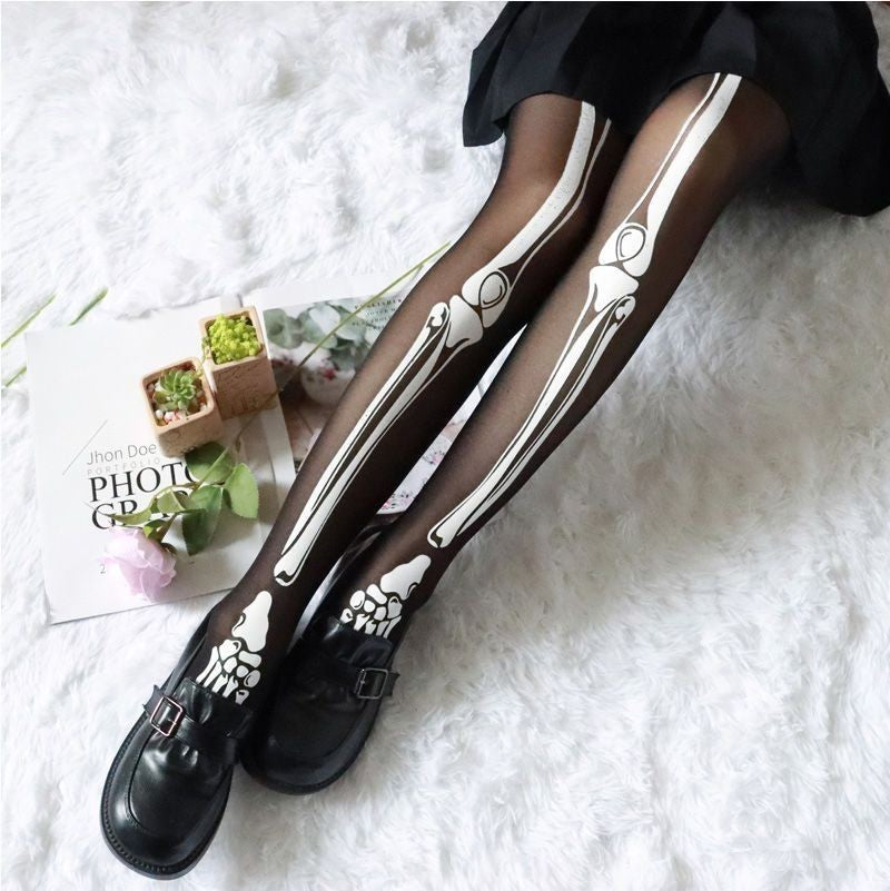 MOSiQ | Day of the Dead Halloween Black Bone Skeleton Pantyhose