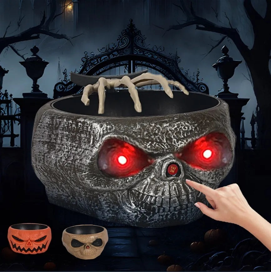 MOSiQ | Day of the Dead Halloween Candy Bowl Plastic Pumpkin Bowl With Motion Activated Hand, Halloween Serving Dishes Battery Operated Halloween Pumpkins Bowl For Trick-or-Treaters Party