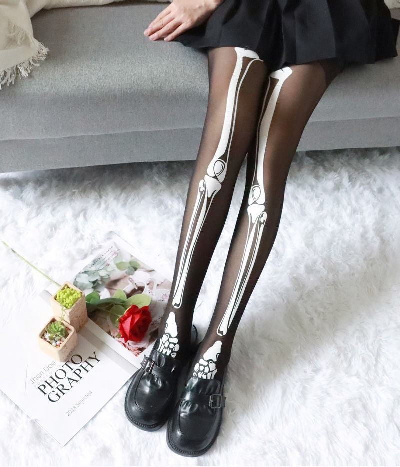 MOSiQ | Day of the Dead Halloween Black Bone Skeleton Pantyhose